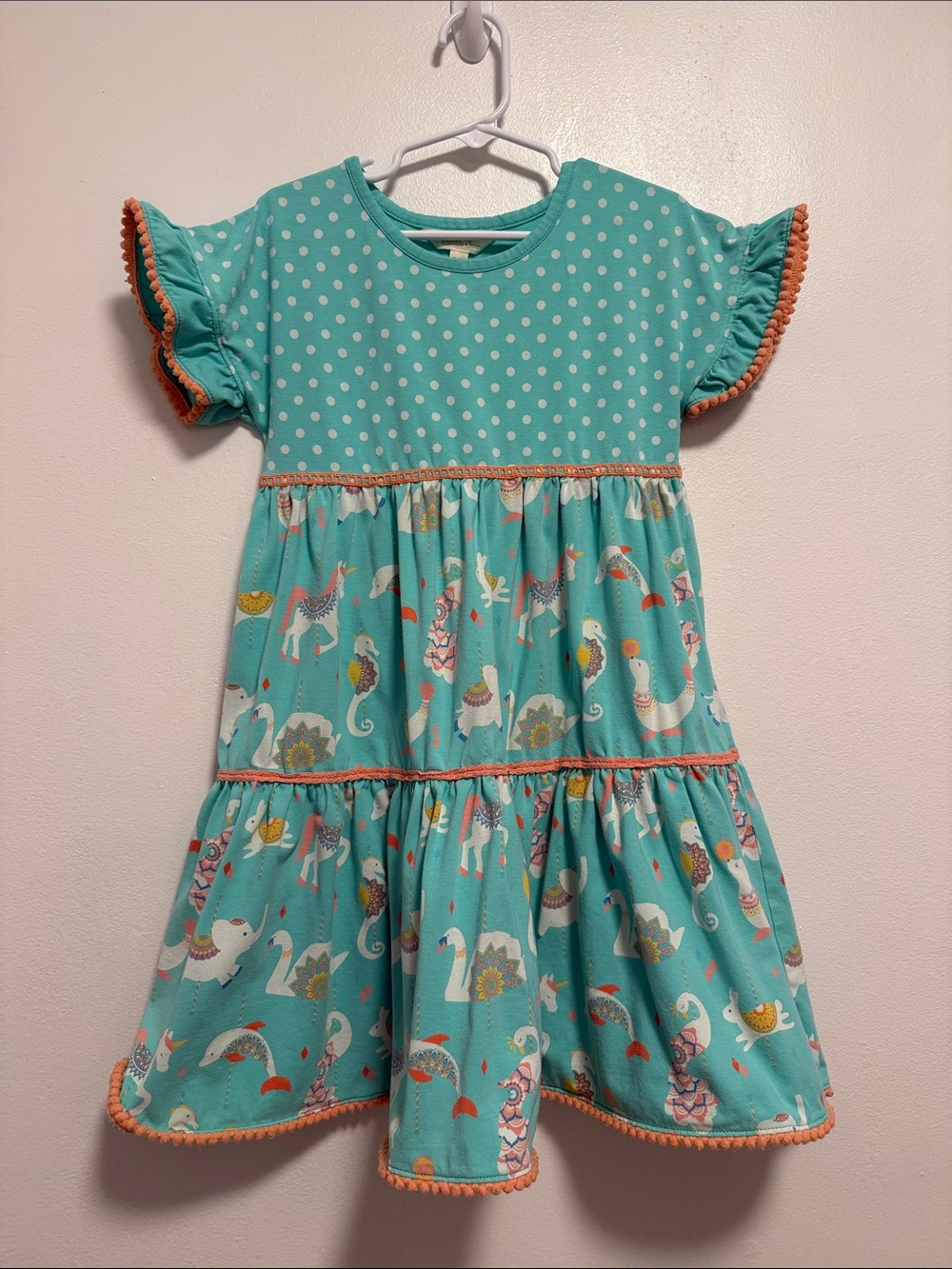 Matilda Jane Teal Polka Dot & Swan Tiered Dress with Orange Trim
